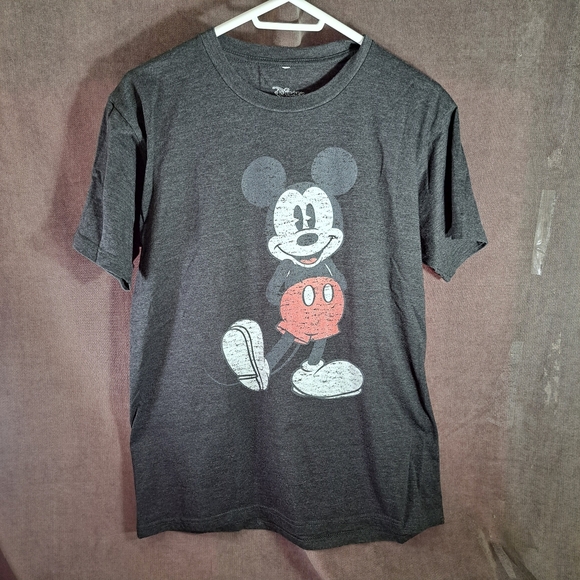 Disney Mickey Mouse Faux Distressed Dark Heather Grey Graphic Tee VG+ M - Picture 1 of 6